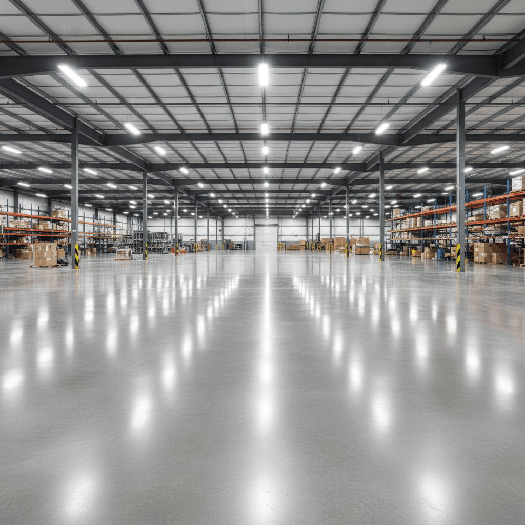 Polished concrete warehouse floor with industrial finish