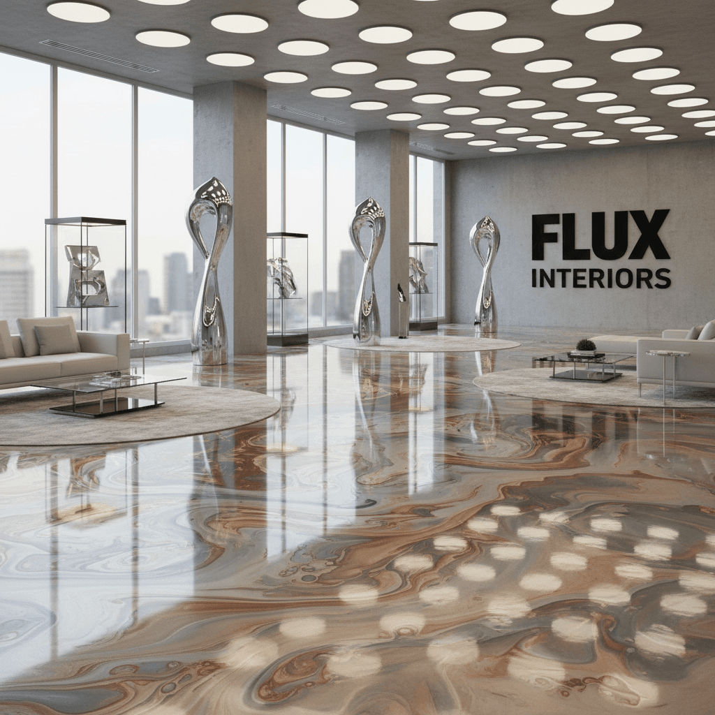 Decorative epoxy concrete floor with metallic effect in modern commercial setting