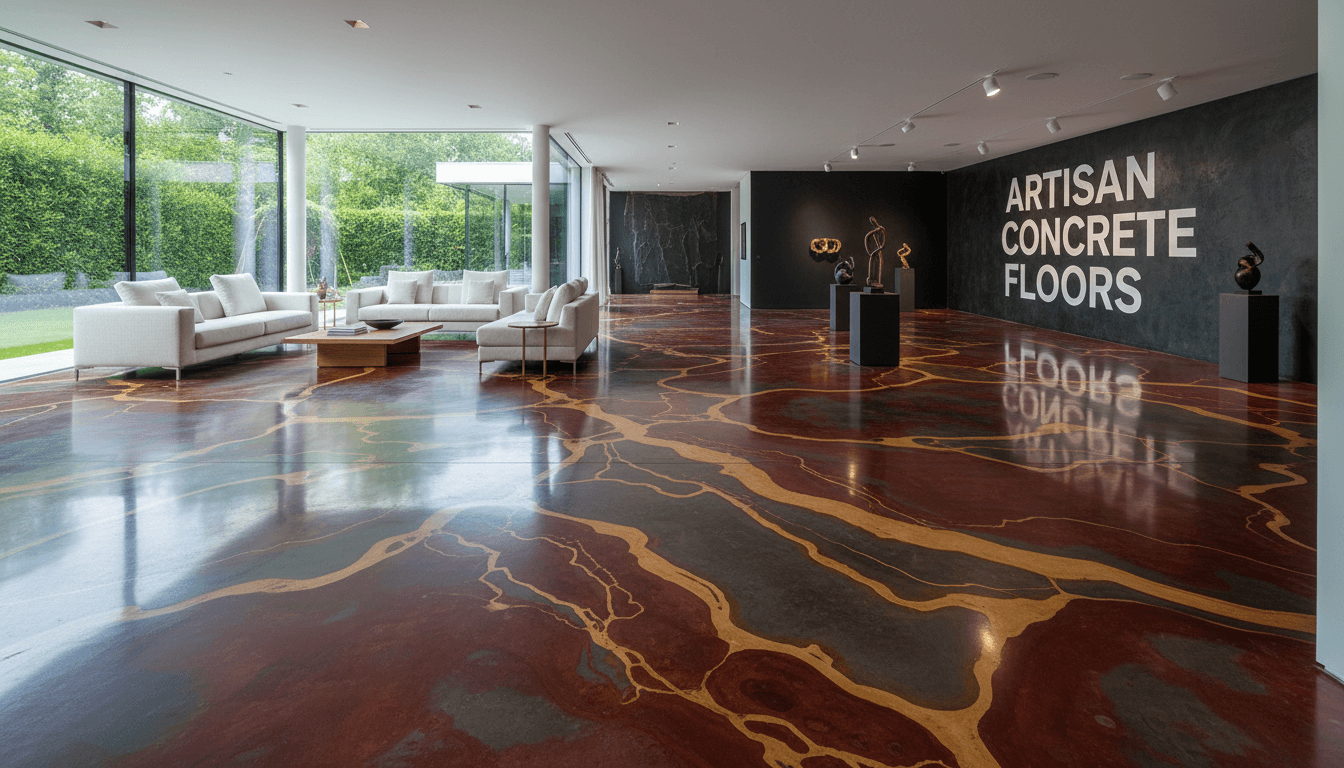 Professional stained concrete flooring with rich color and pattern in residential or commercial setting