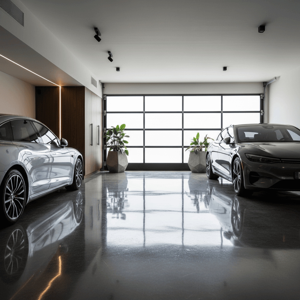 Polished concrete garage floor with high-gloss finish