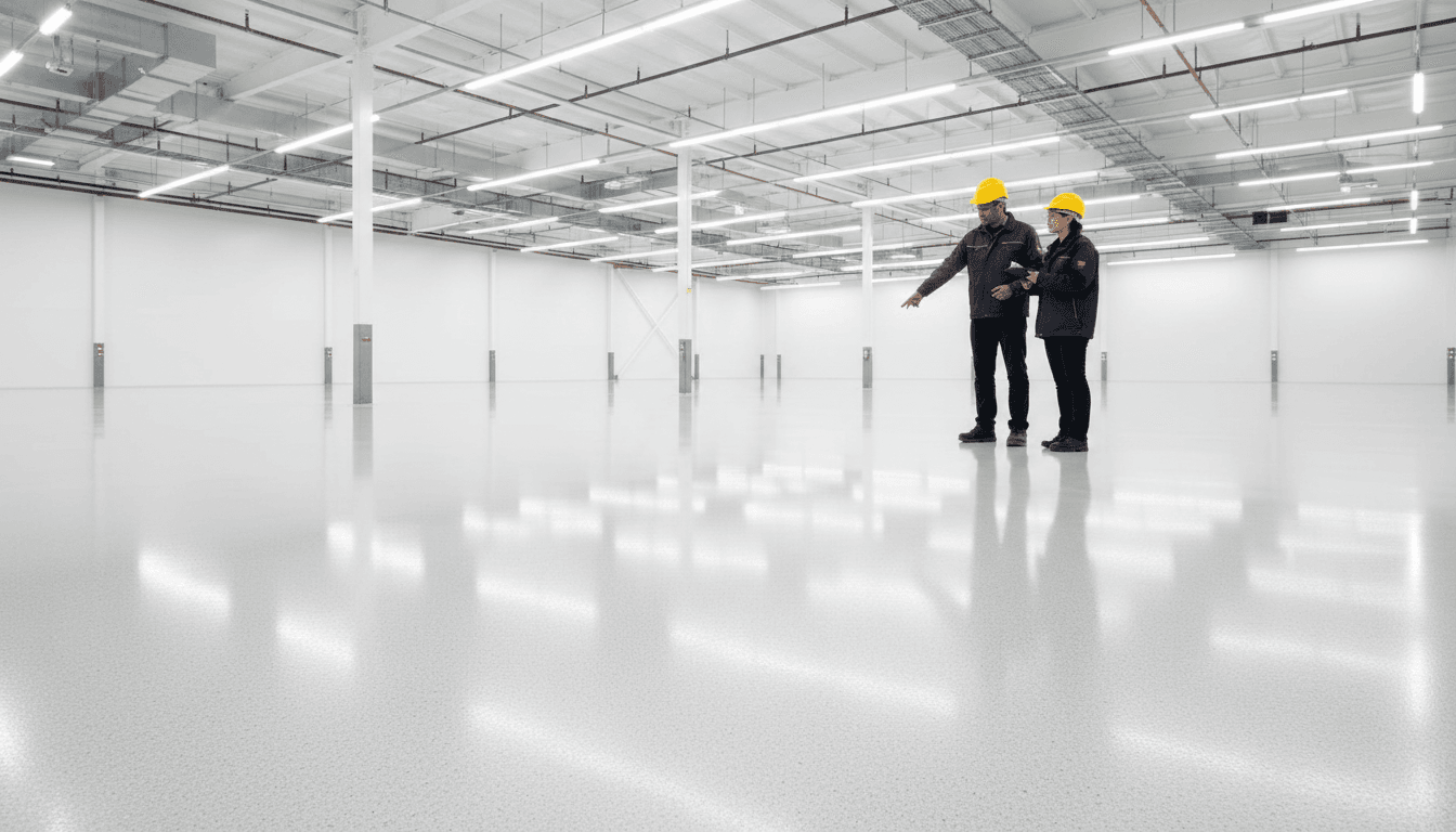 Concrete overlay being applied to warehouse floor