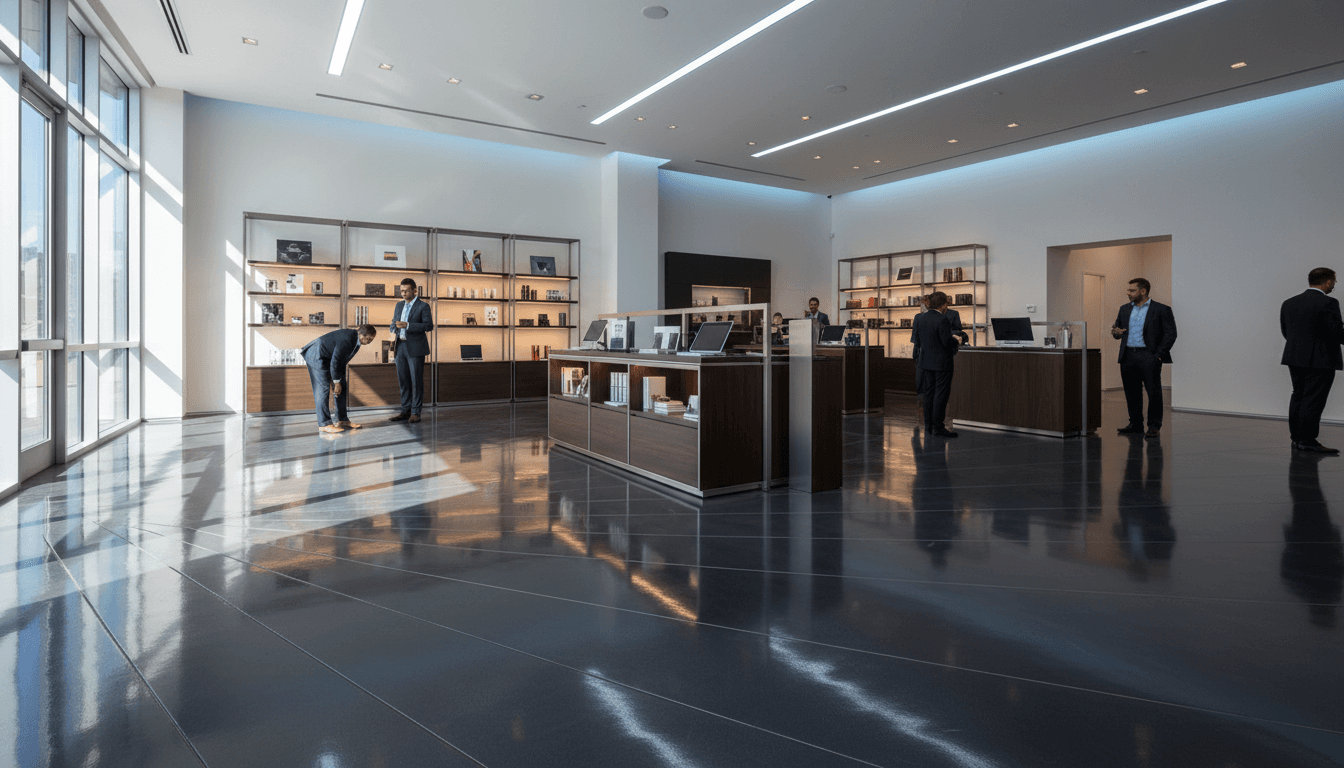 Polished concrete floor in commercial workspace