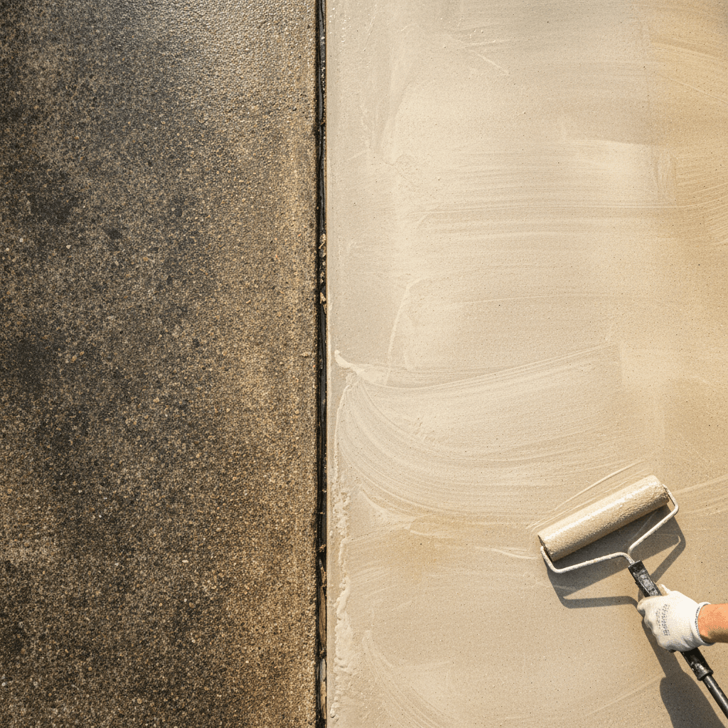 Concrete overlay being applied to damaged flooring